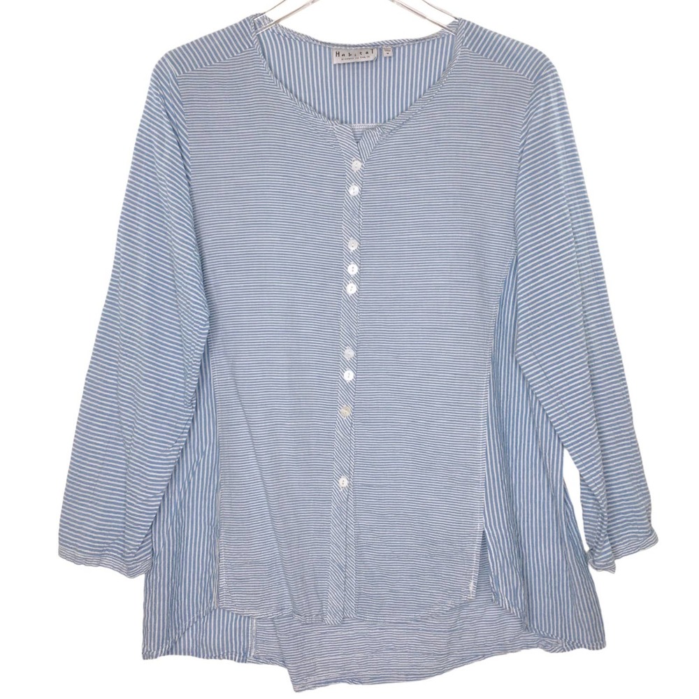 Habitat M Womens Crinkle Stripe Tunic Top Button Front Blue White